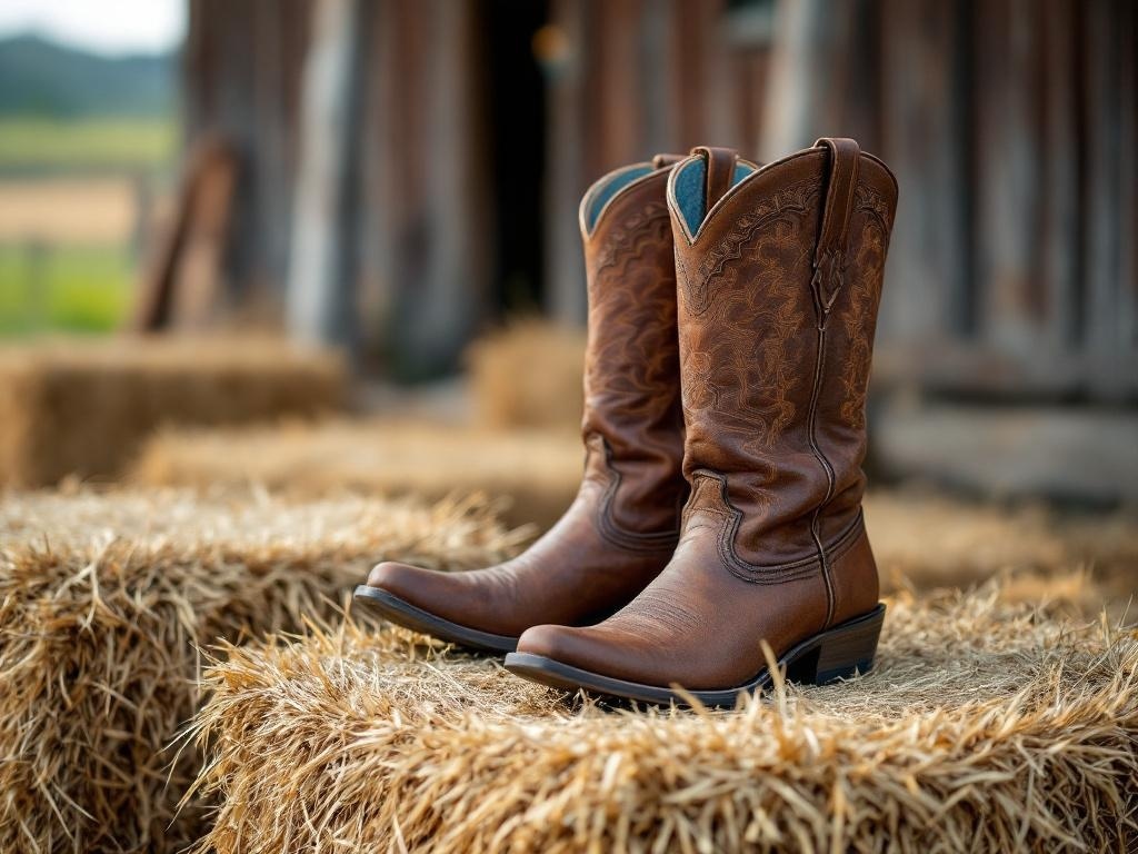 A pair of stylish brown Western boots resting on hay bales.