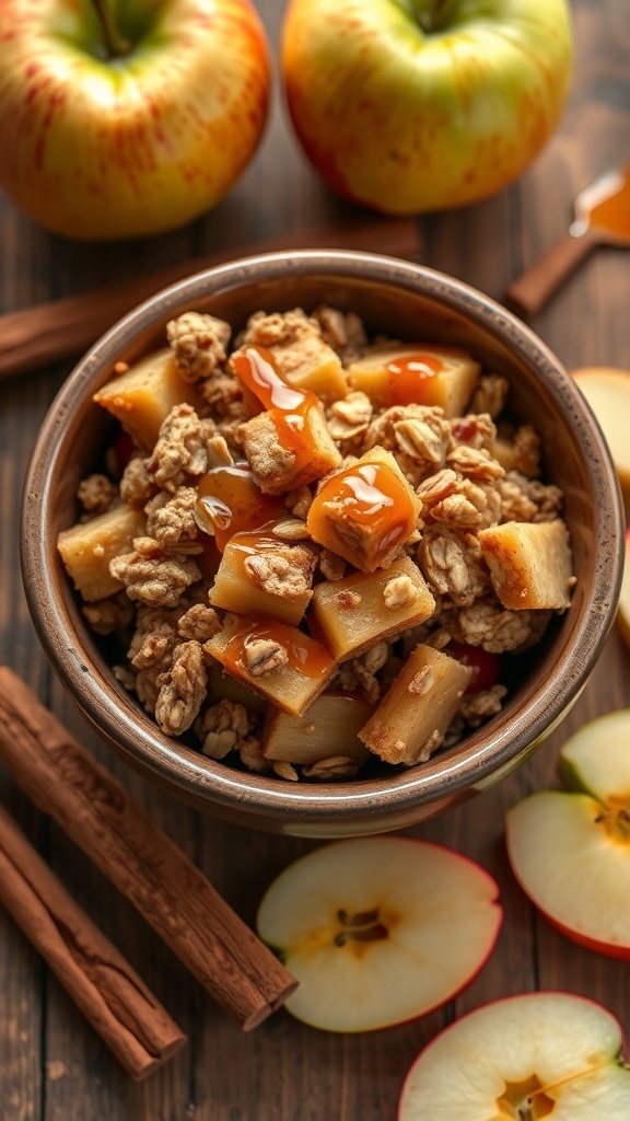 A bowl of apple crisp topped with oats and caramel, surrounded by fresh apples and cinnamon sticks.