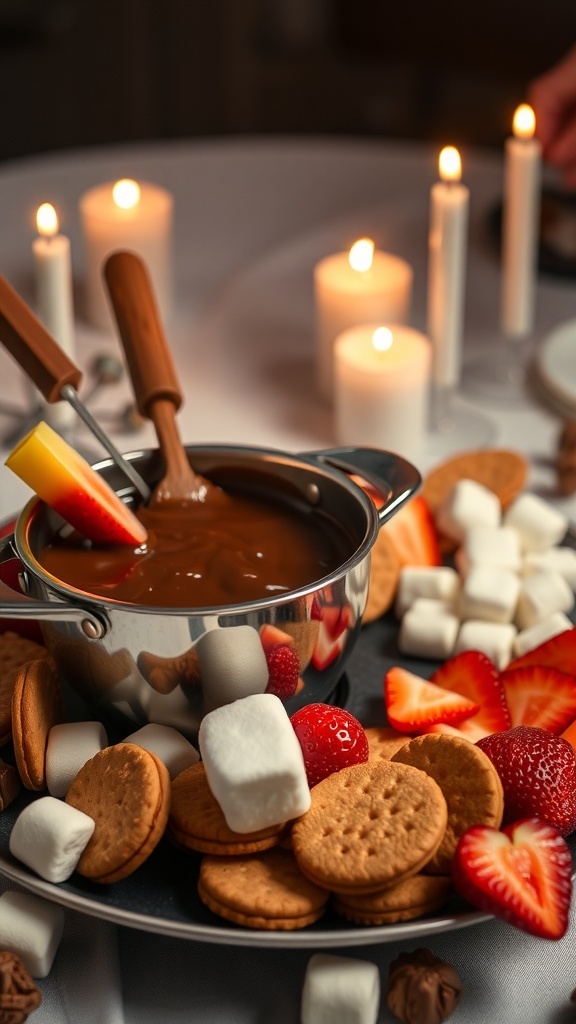 A pot of chocolate fondue surrounded by strawberries, marshmallows, and graham crackers, with candles in the background.