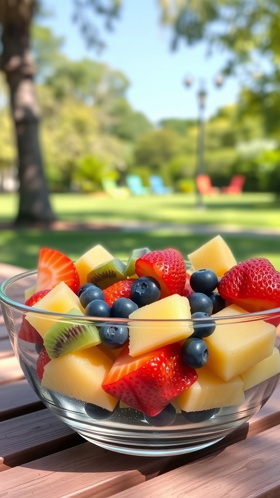 A colorful bowl of fruit salad with strawberries, blueberries, pineapple, and kiwi.