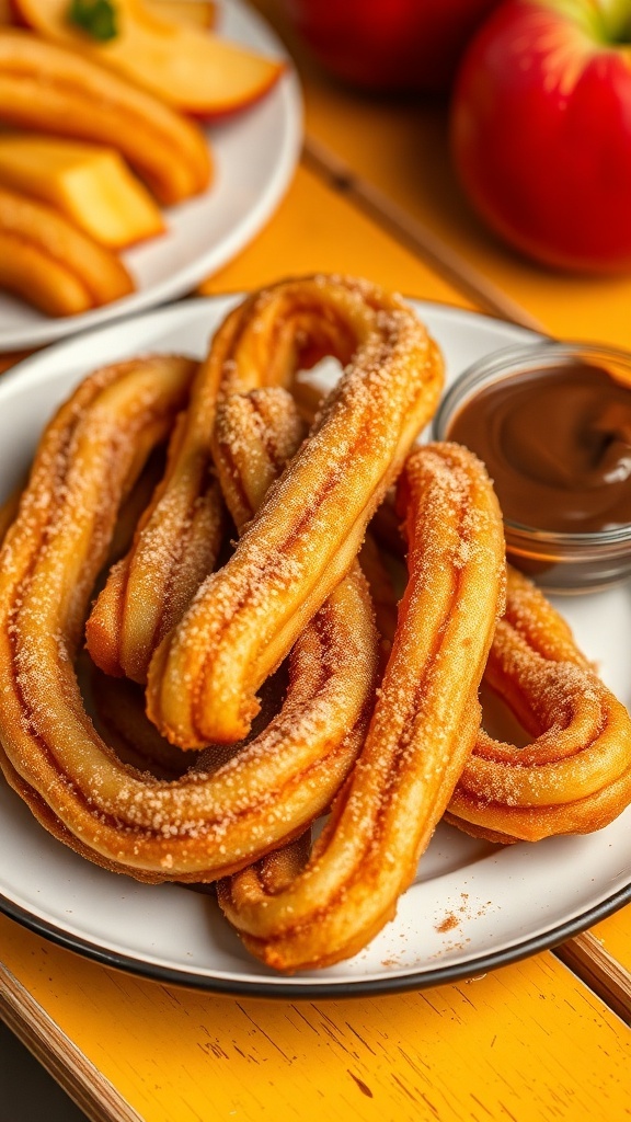 Delicious apple churros served with chocolate sauce, perfect for a quick dessert.