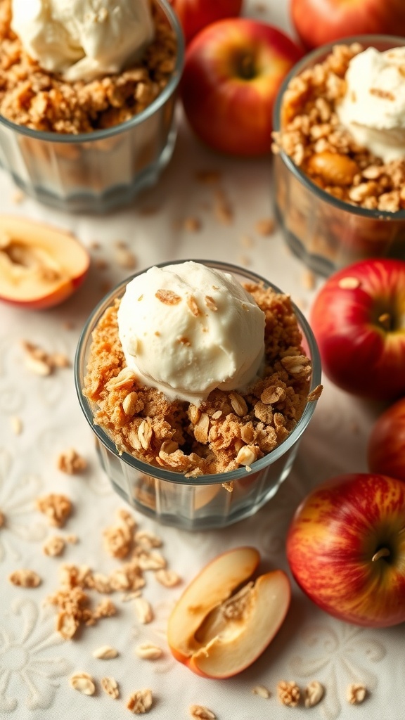 Delicious apple crumble cups topped with ice cream, surrounded by fresh apples.
