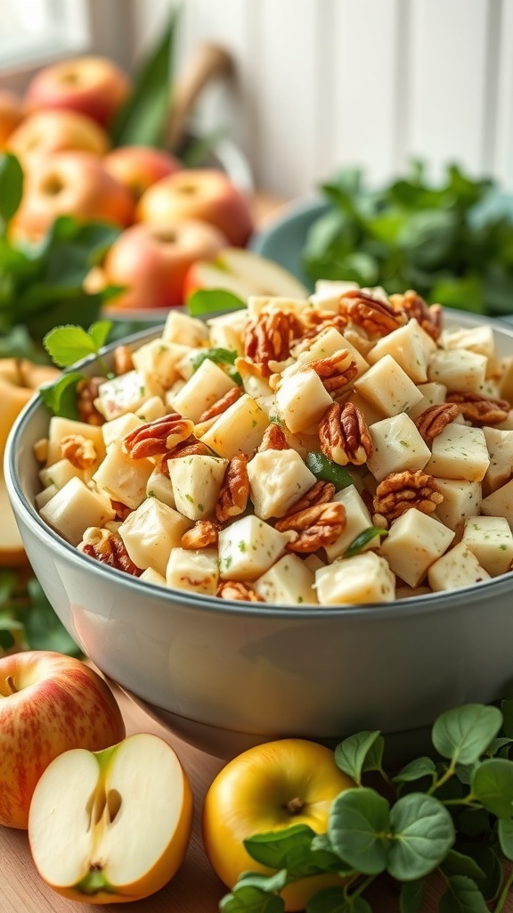A bowl of apple salad with diced apples, nuts, and herbs, surrounded by fresh apples.
