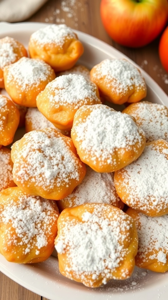 A plate of golden apple fritter bites dusted with powdered sugar.