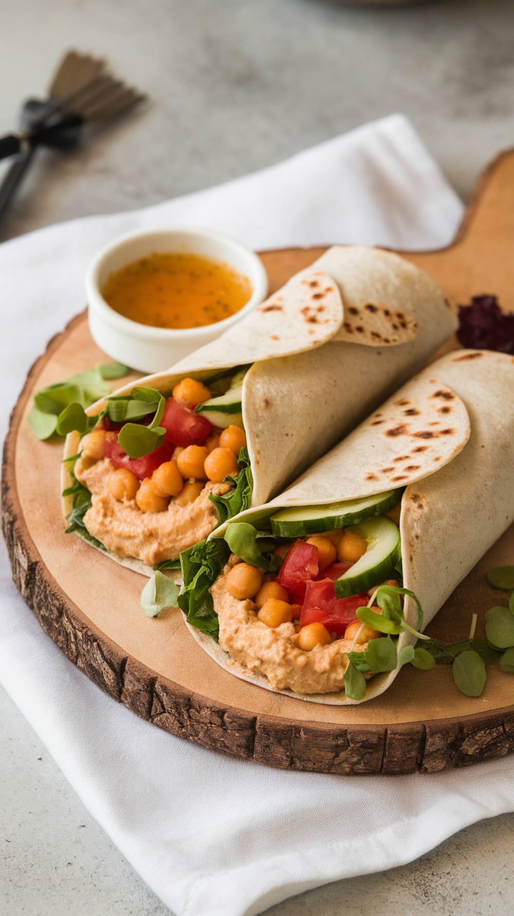 Fast Mediterranean Chickpea Wraps with hummus, chickpeas, cucumbers, and tomatoes
