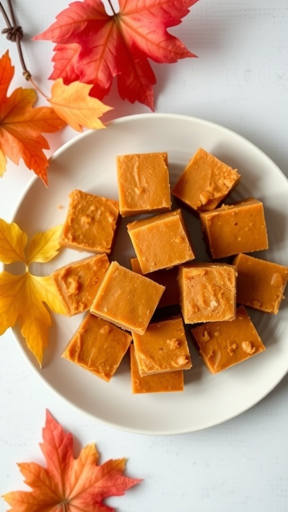 A plate of pumpkin fudge squares surrounded by autumn leaves.