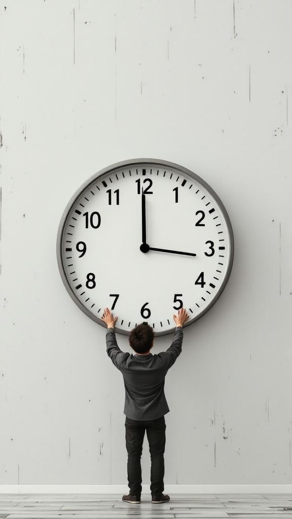 A person interacting with a large clock, symbolizing the importance of timing in fasting.