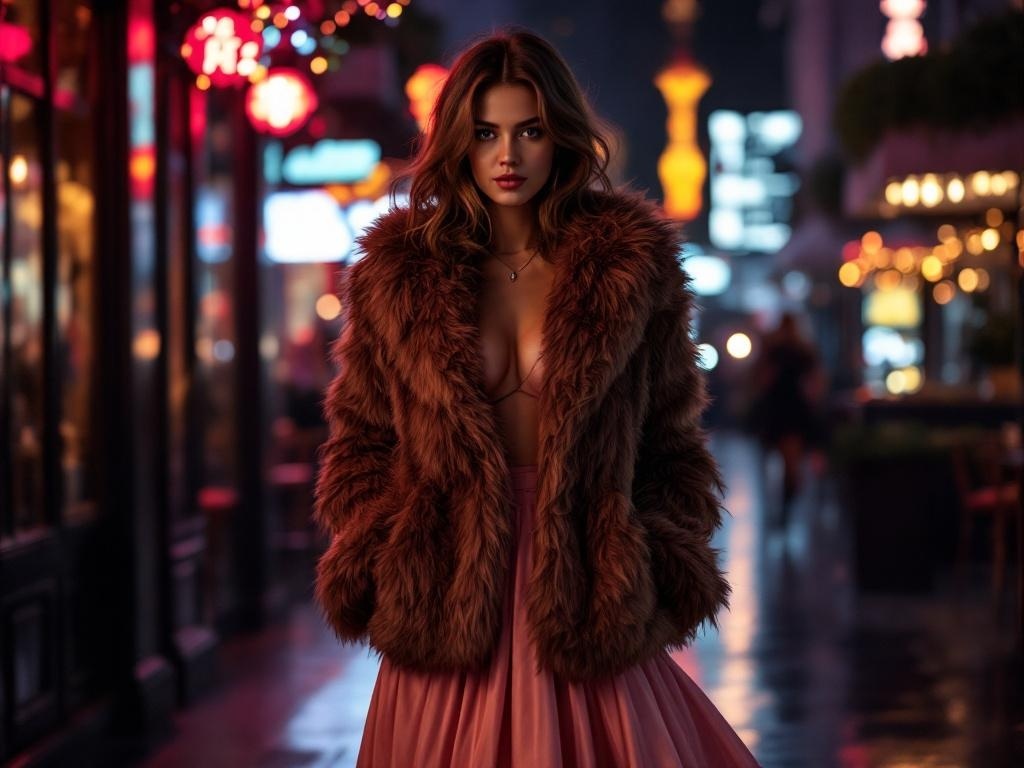 A woman wearing a faux fur jacket over a midi skirt, standing in a vibrant urban setting at night.