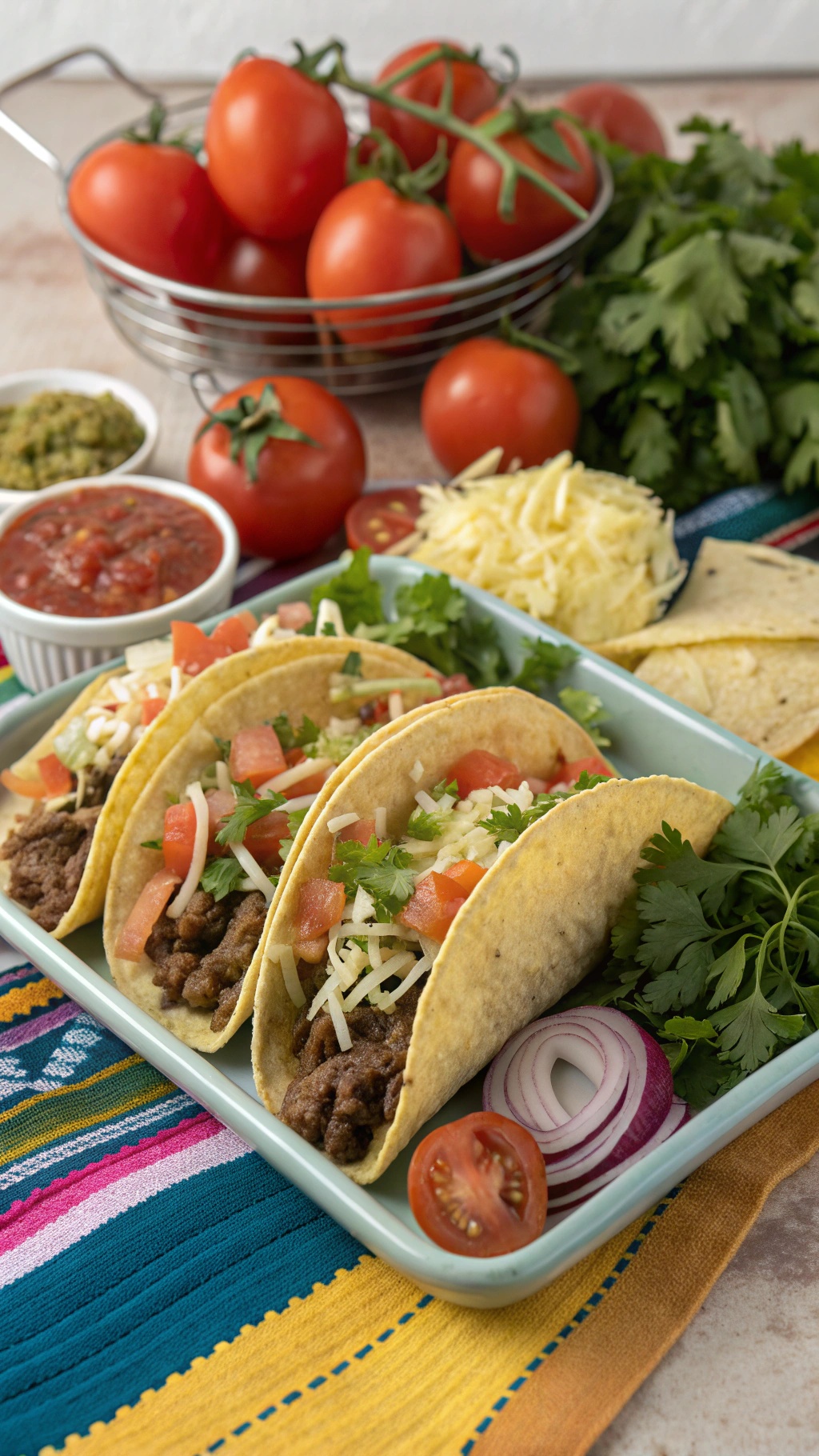 A colorful plate of beef tacos with fresh toppings, surrounded by tomatoes and cilantro.