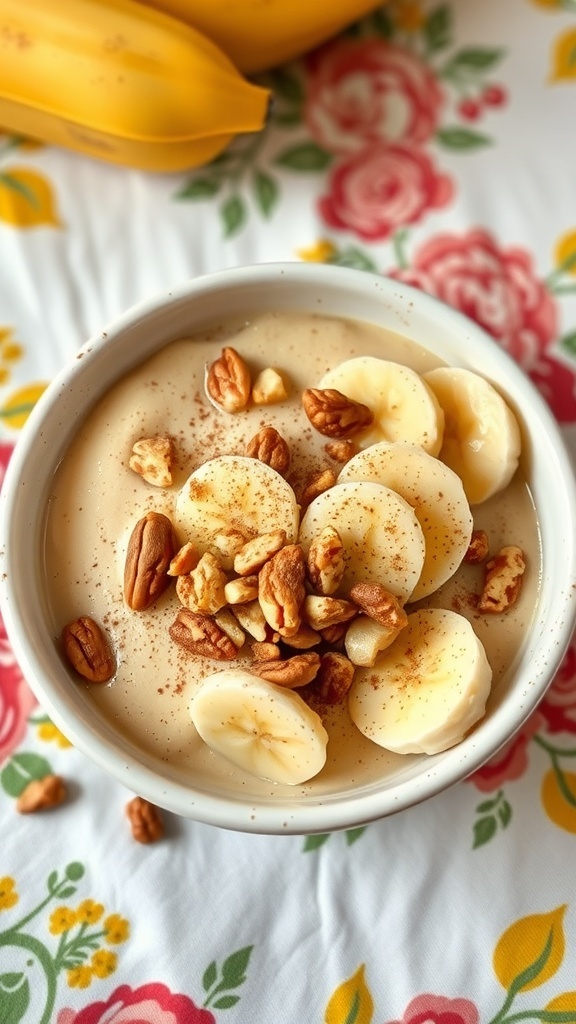 A bowl of banana pudding topped with banana slices and nuts, with bananas in the background.