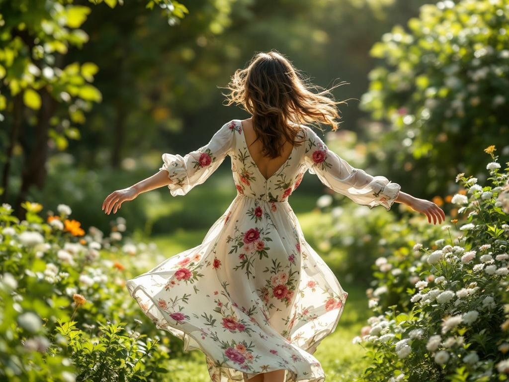 A woman twirling in a floral midi dress in a garden