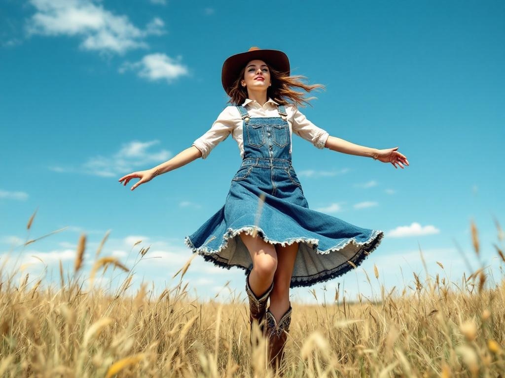 A woman twirling in a denim skirt in a field, wearing a hat and cowboy boots.