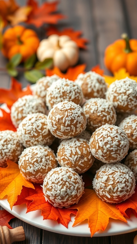 A plate of pumpkin spice energy balls surrounded by autumn leaves and small pumpkins.