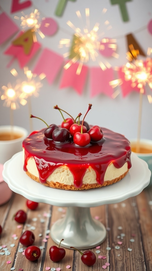 A festive vegan cheesecake topped with cherries and sparkles, perfect for celebrations.