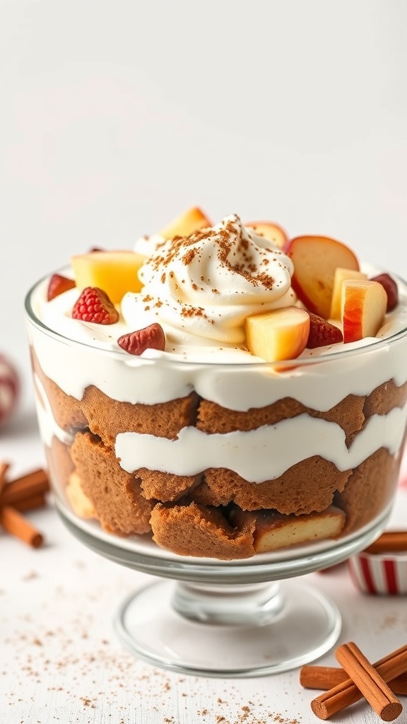 A beautiful gingerbread trifle layered with gingerbread cake, whipped cream, and fresh fruits, garnished with cinnamon.