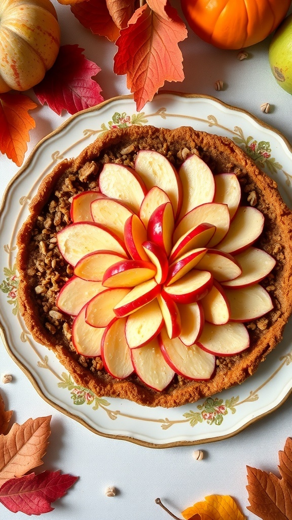 A beautifully arranged keto apple tart with a nutty crust, topped with fresh apple slices and mint leaves.