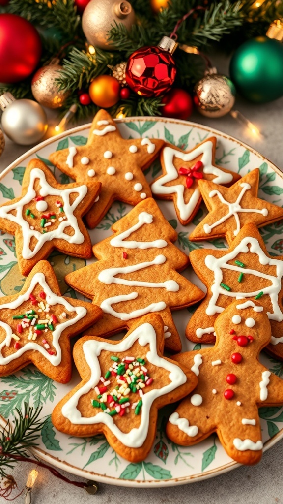 A plate of festive keto gingerbread cookies shaped like stars and trees, decorated with icing and sprinkles, surrounded by Christmas ornaments.