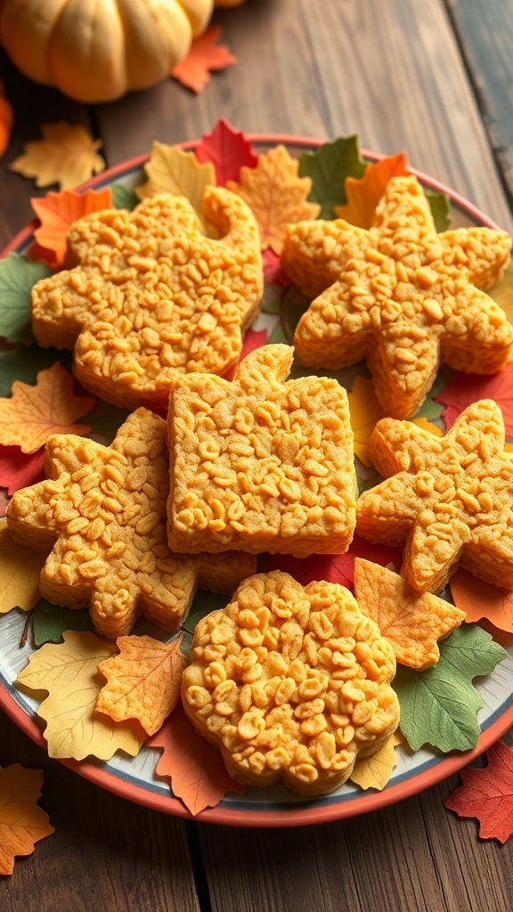 A colorful plate of pumpkin pie rice krispie treats shaped like autumn leaves and pumpkins, surrounded by fall leaves.
