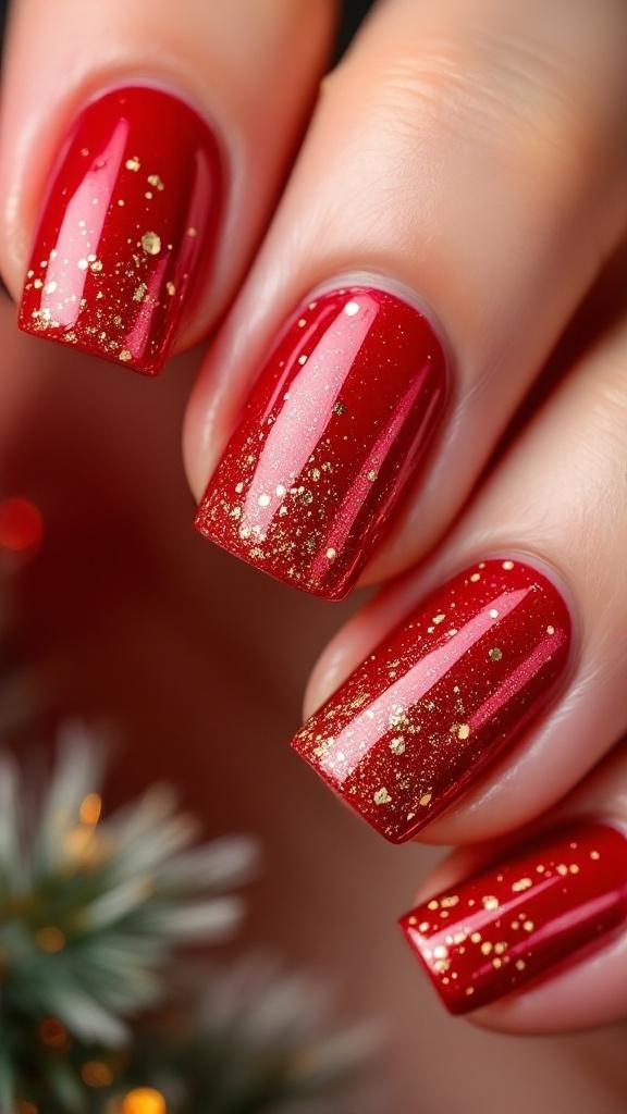 Close-up of festive red nails with gold glitter tips