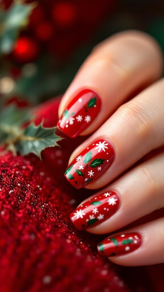 Close-up of festive red and green nail art with holly and snowflakes