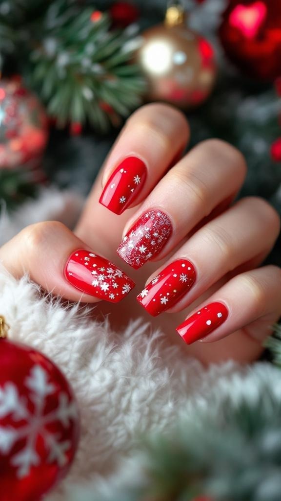 A hand with red nails and one glittery nail, surrounded by holiday decorations.