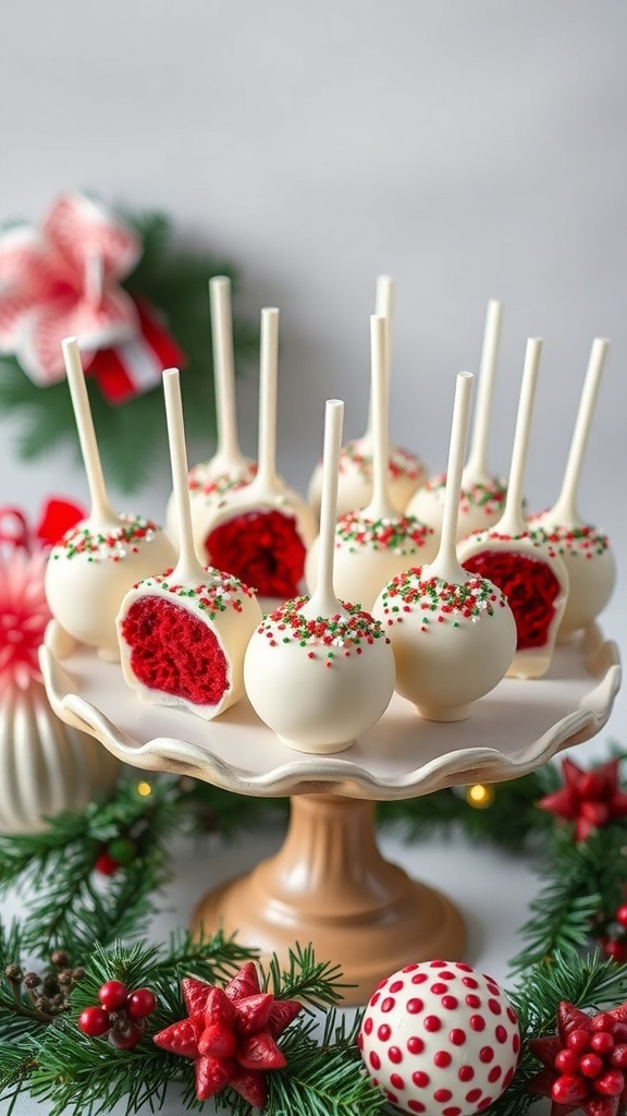 Festive red velvet cake pops decorated with sprinkles, displayed on a cake stand surrounded by Christmas decorations.