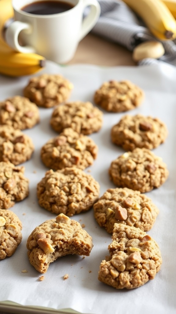 A tray of freshly baked banana oatmeal cookies with a cup of coffee and bananas in the background.
