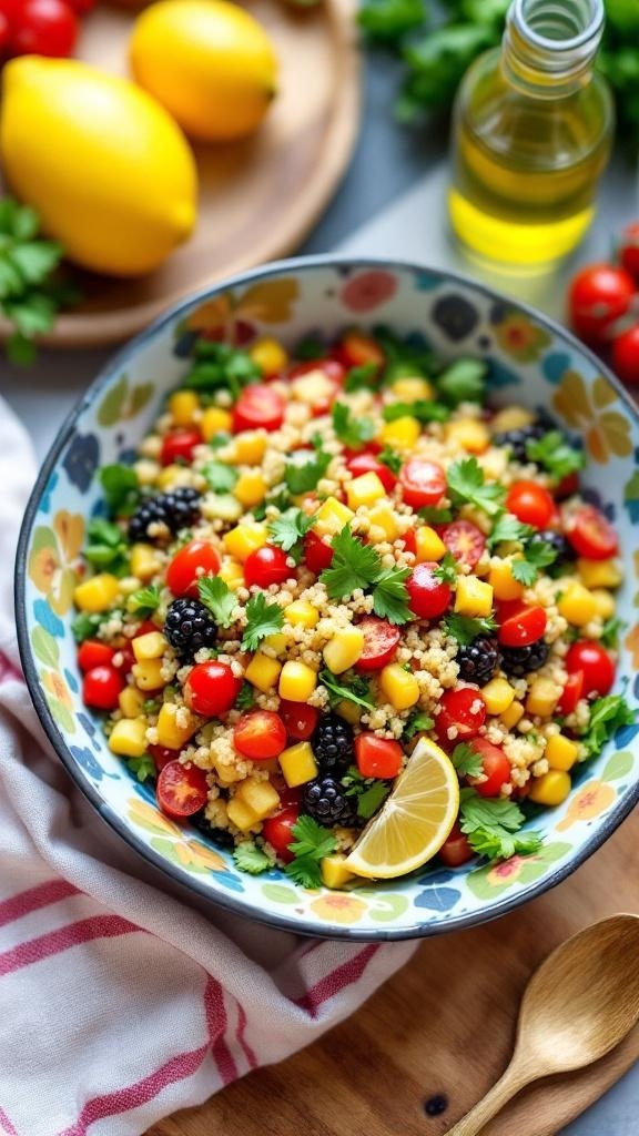 A vibrant quinoa salad with cherry tomatoes, corn, blackberries, and cilantro, garnished with lemon slices.