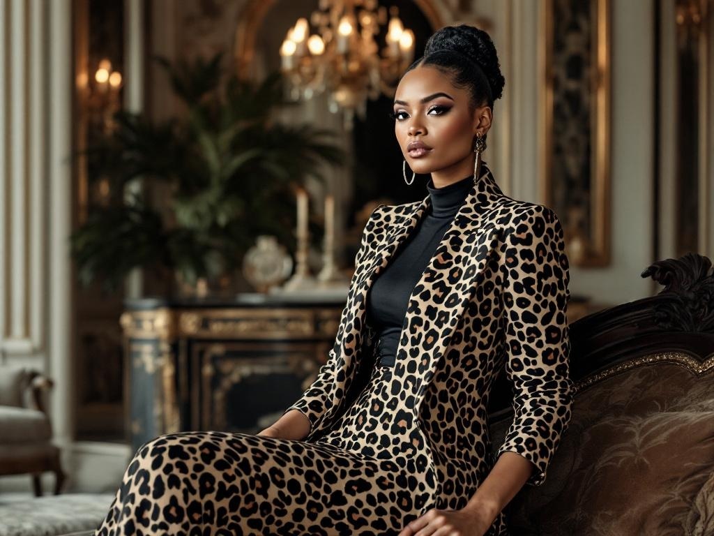 A model wearing a leopard print suit with a black turtleneck, sitting elegantly in a luxurious setting.