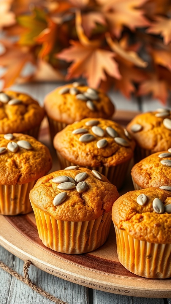 A plate of freshly baked pumpkin protein muffins topped with pumpkin seeds, surrounded by autumn leaves.