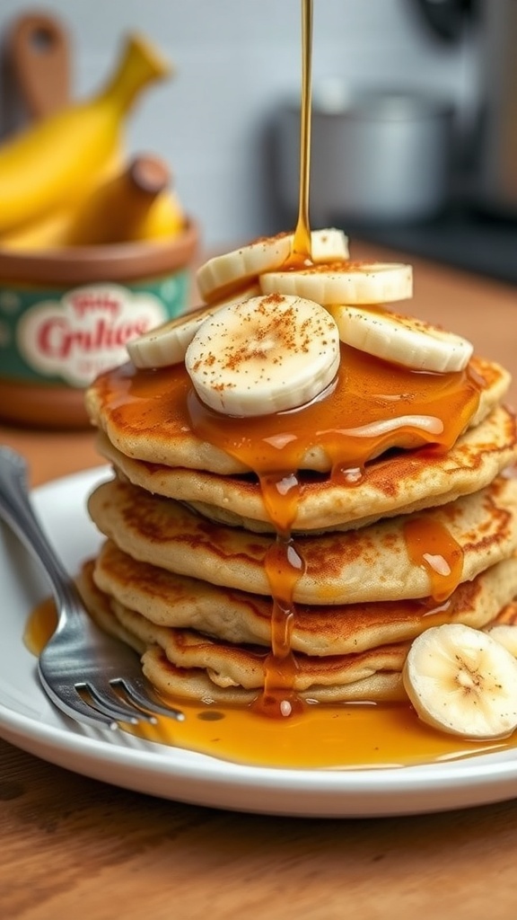 Stack of banana oatmeal pancakes topped with banana slices and syrup