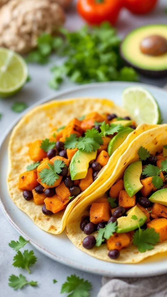 Two tacos filled with black beans and sweet potatoes, topped with avocado and cilantro, served with lime wedges.