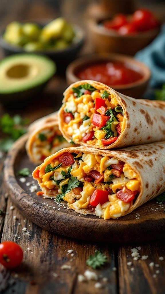 Delicious breakfast burritos filled with eggs, cheese, and vegetables on a wooden plate.