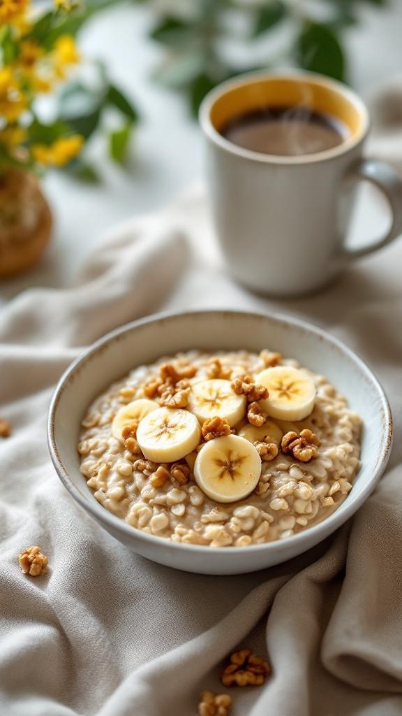 A bowl of oatmeal topped with banana slices and walnuts, with a cup of coffee in the background.