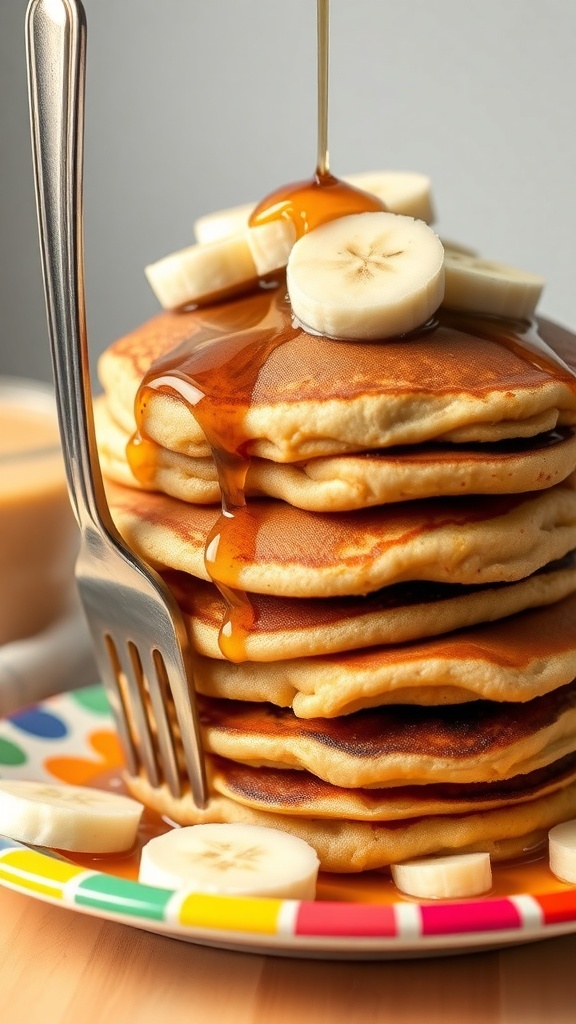Stack of peanut butter protein pancakes topped with banana slices and syrup