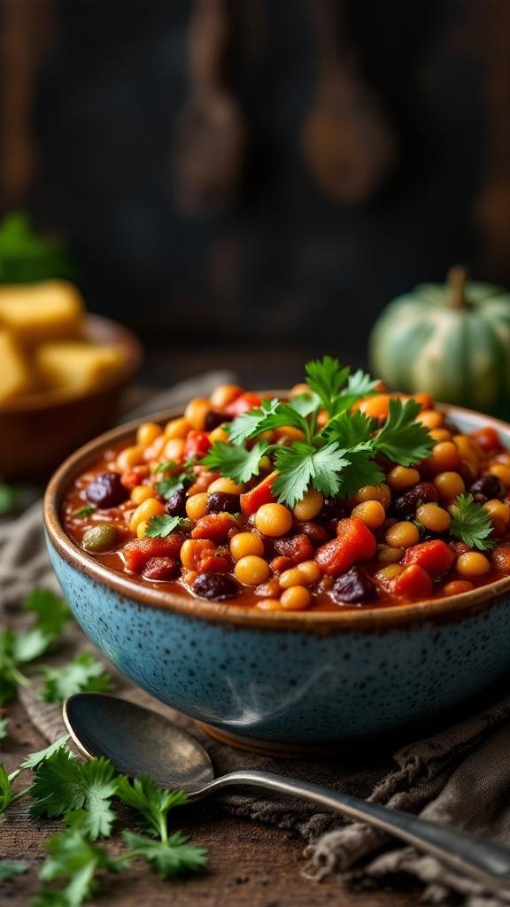 A bowl of colorful vegetable and bean chili garnished with cilantro, surrounded by fresh ingredients.