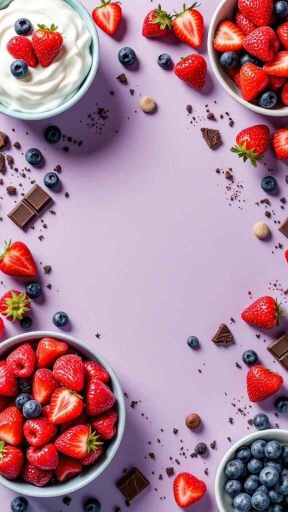A colorful arrangement of strawberries, blueberries, yogurt, and dark chocolate on a purple background.