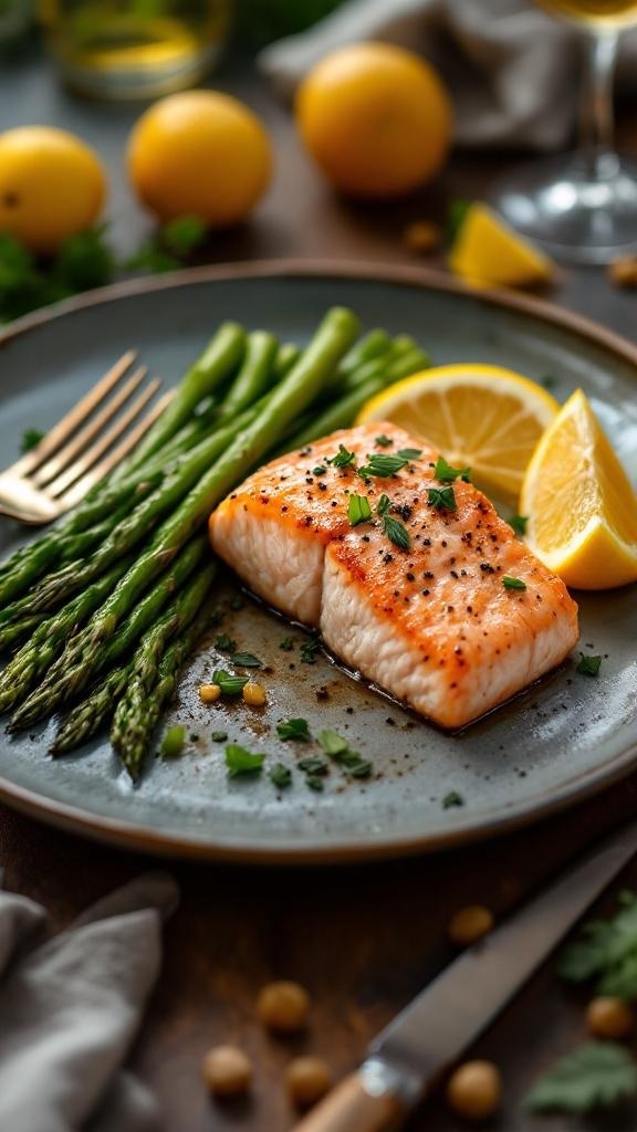 A plate of salmon fillet with asparagus and lemon slices