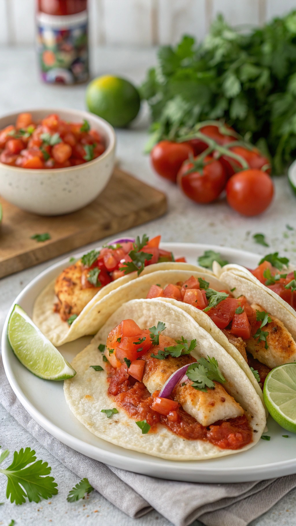 Fish tacos with roasted tomato salsa, topped with diced tomatoes and cilantro, served with lime.