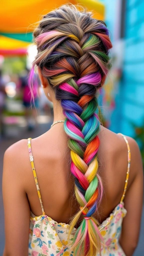 A colorful fishtail braid featuring vibrant shades of pink, blue, and yellow.