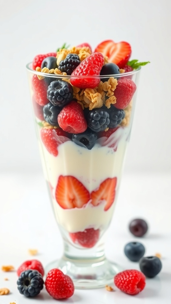 A colorful berry parfait with layers of yogurt, strawberries, blueberries, raspberries, and granola in a glass.