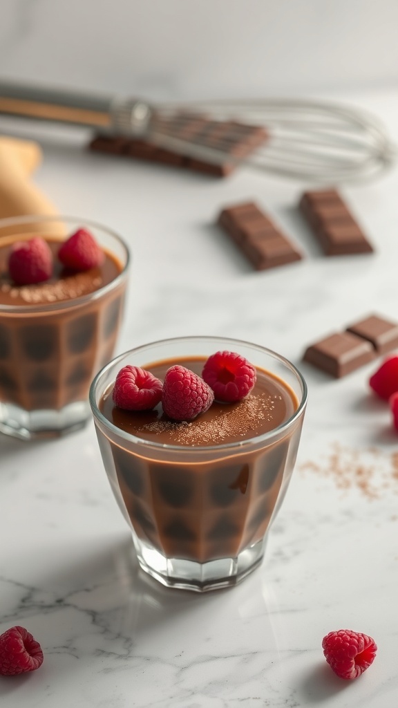 Five-minute chocolate pudding cups topped with fresh raspberries, with chocolate bars and a whisk in the background.