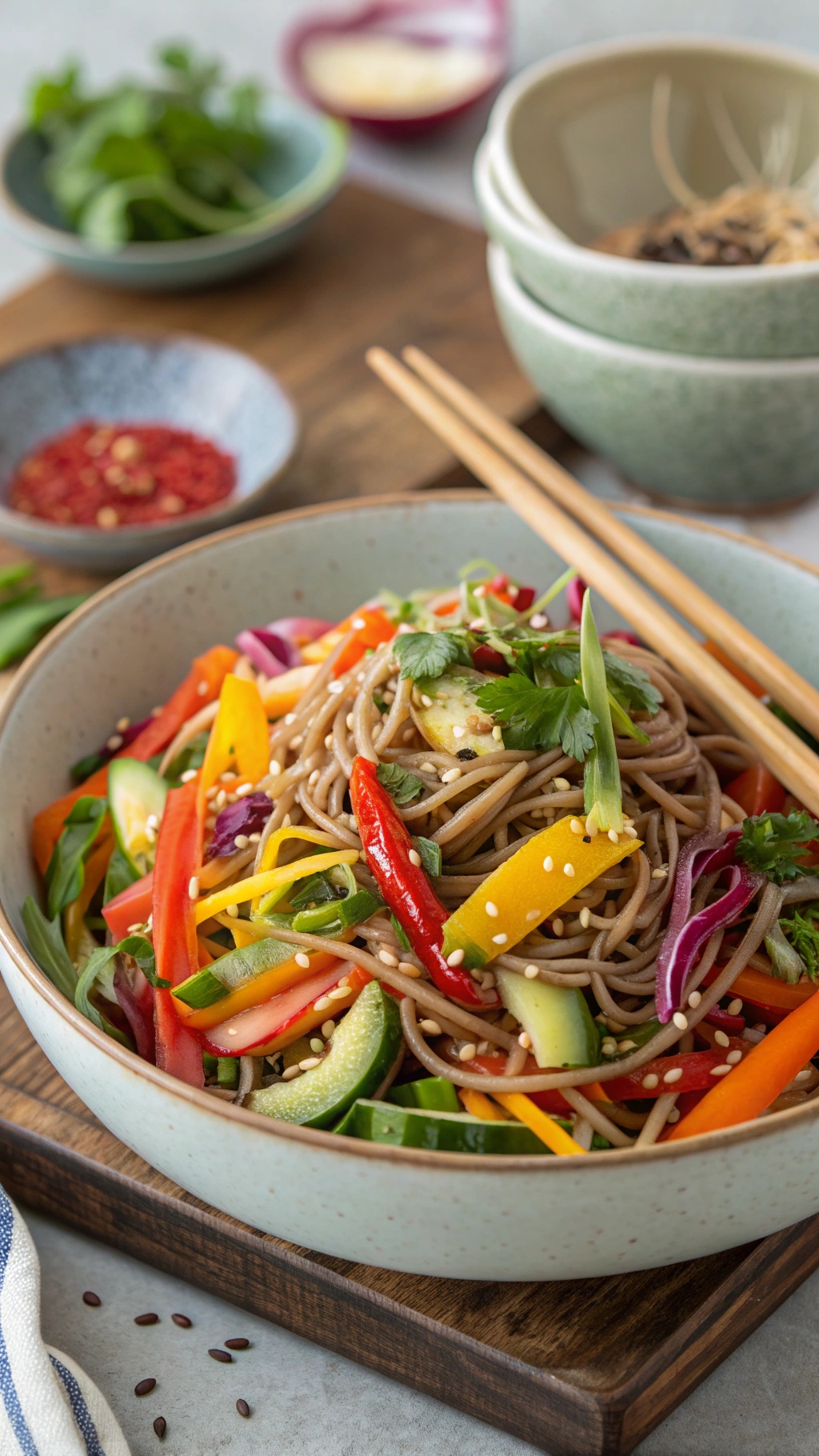 A colorful bowl of Asian noodle salad with soba noodles, fresh vegetables, and sesame seeds.