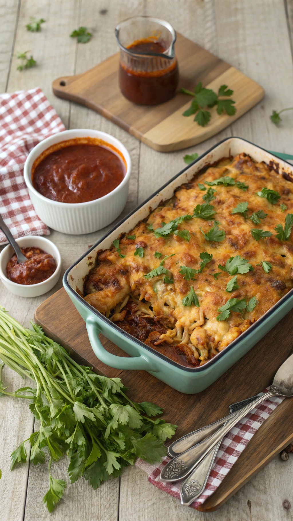 BBQ Chicken Casserole with cheese and cilantro on top, served with BBQ sauce on the side.