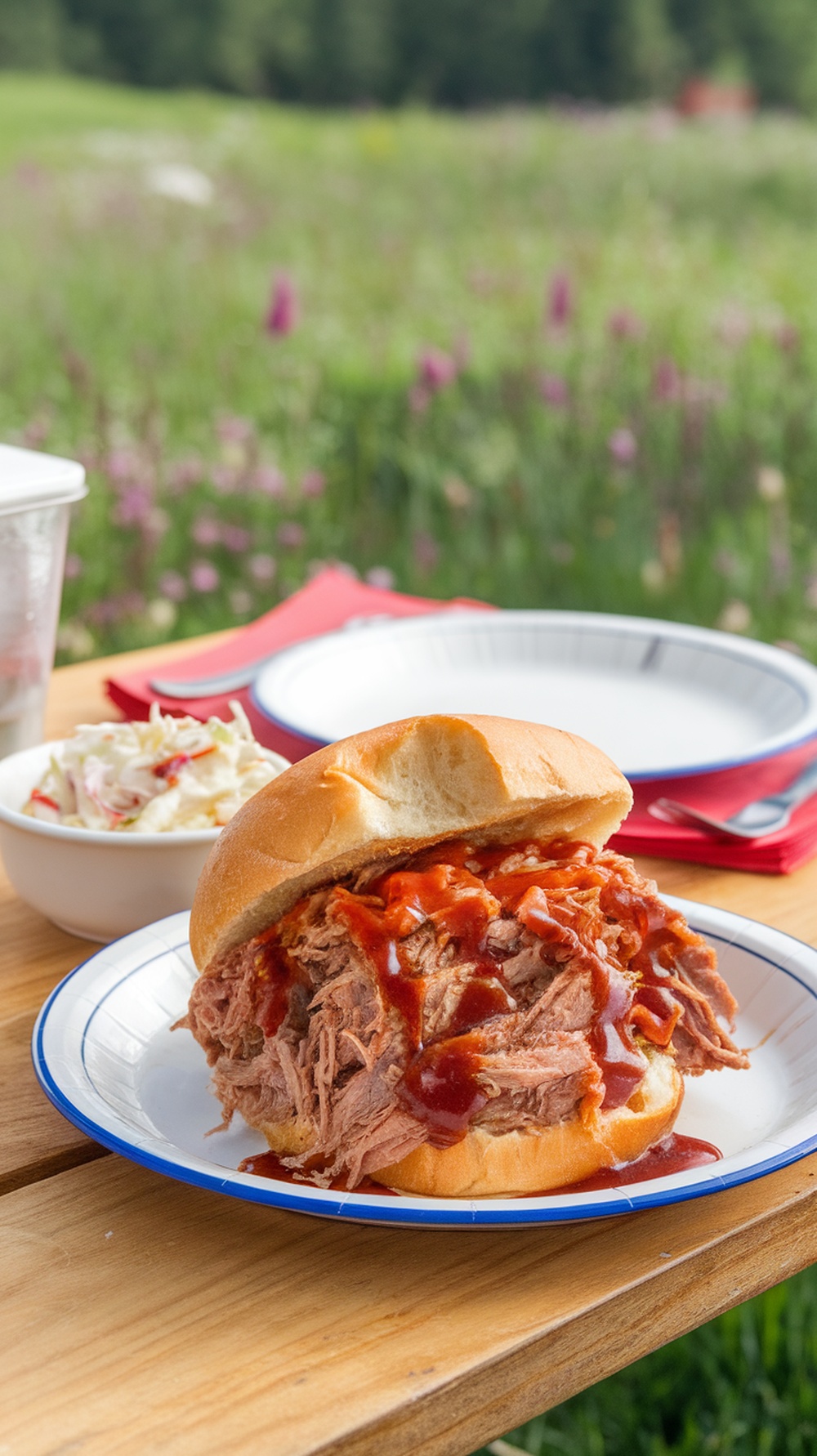 BBQ pulled pork sandwich on a plate with coleslaw in the background