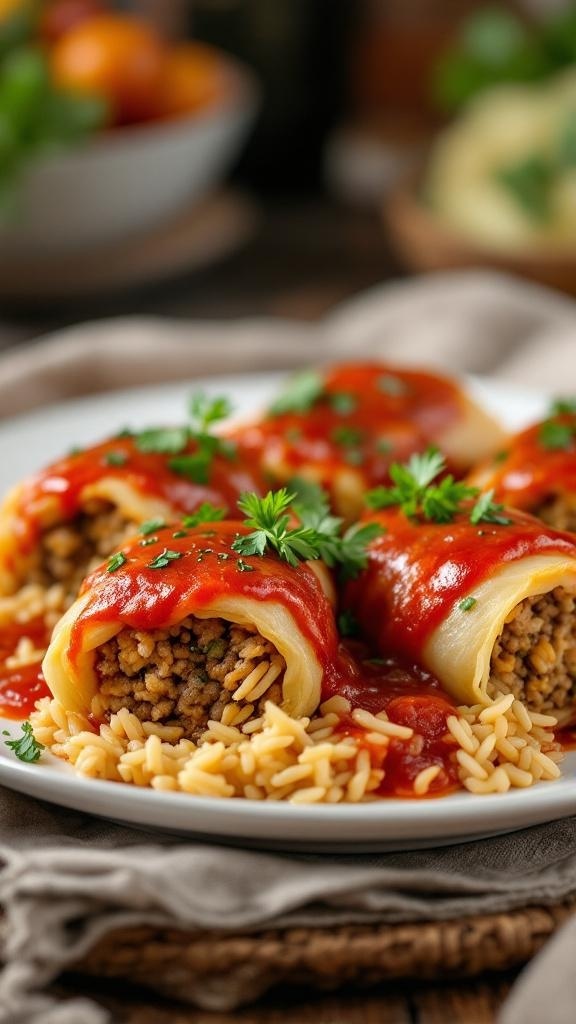 Plate of cabbage rolls filled with rice and meat, topped with tomato sauce and garnished with parsley.