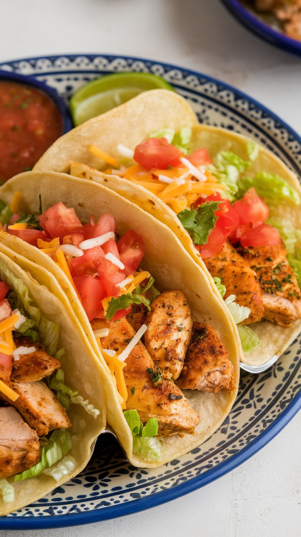 Three chicken tacos filled with lettuce, tomatoes, and cheese on a plate with salsa and lime wedges.