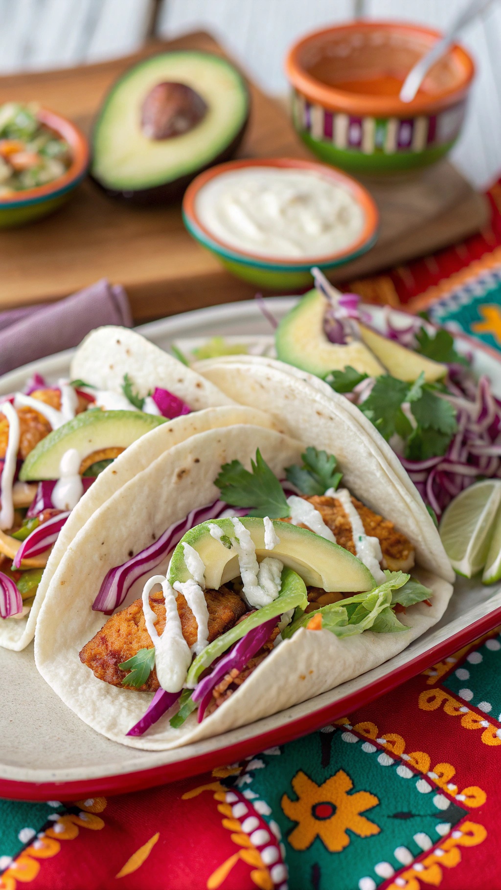 Delicious spicy fish tacos with avocado, cabbage, and sauces on a colorful tablecloth.