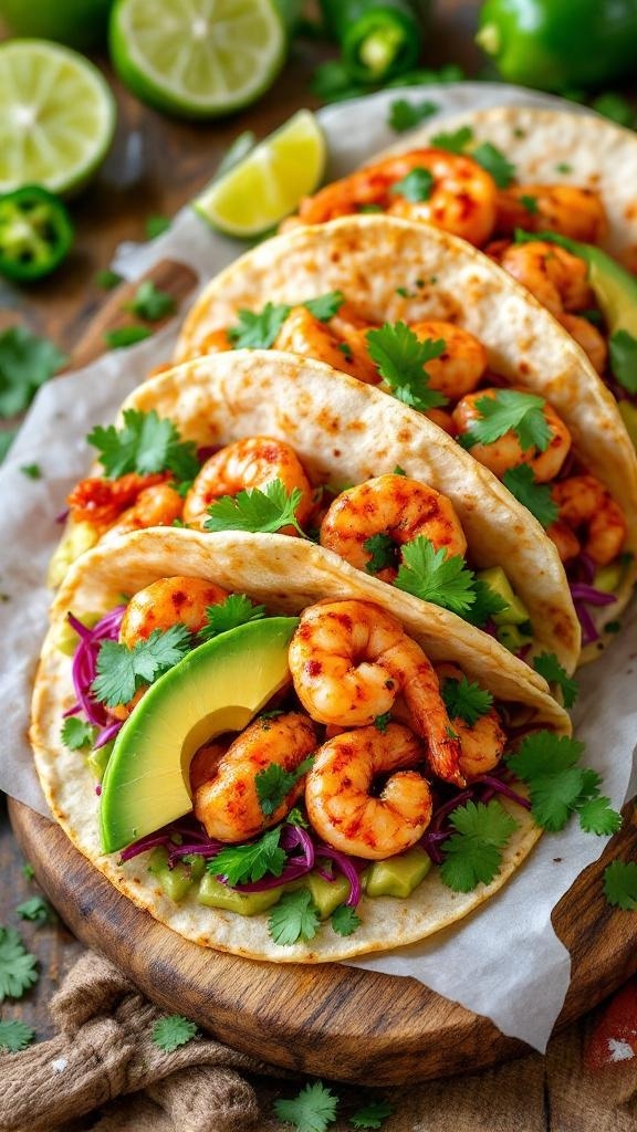 Spicy shrimp tacos with avocado, cilantro, and lime on a wooden board
