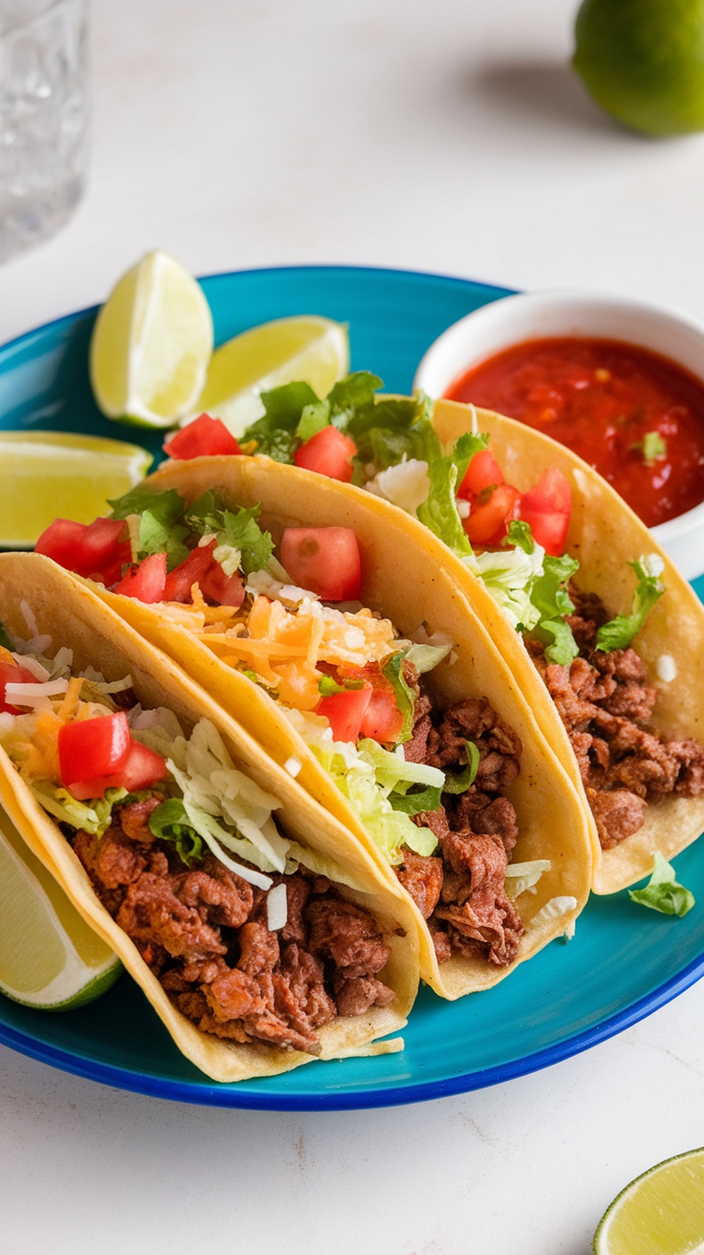 Three beef tacos with toppings on a blue plate, served with lime wedges and salsa.